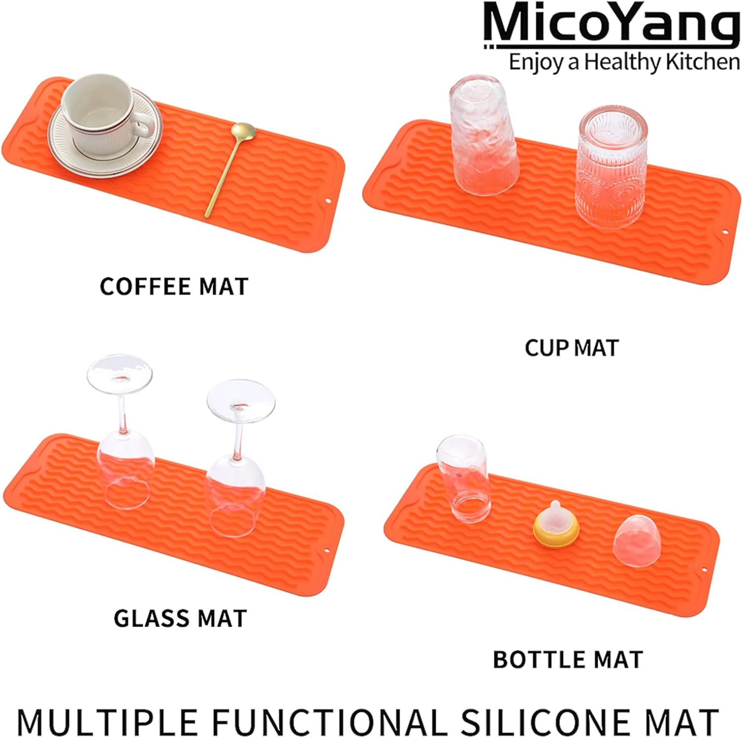 Silicone Dish Drying Mat for Multiple Usage,Easy clean,Eco-friendly,Heat-resistant Silicone Mat for Kitchen Counter,Sink,Bar,Bottle,or Cup Orange M 17 inches x 6 inches