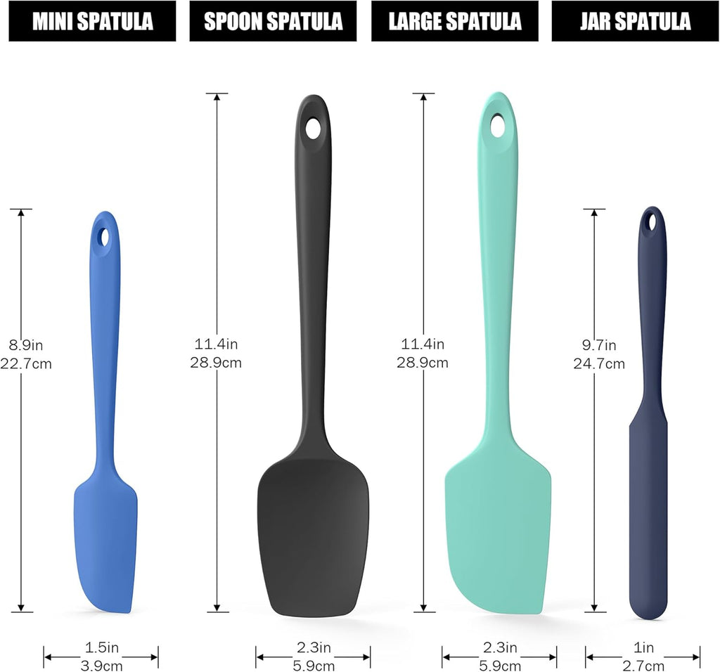 4-Piece Silicone Spatula Scrapers: Doosu 600°F Heat Resistant Food Grade Kitchen BPA Free Rubber Baking Cooking Tool Nonstick Utensil Set for Mixing, Scraping, Folding, Stirring, Serving (Multi-3)