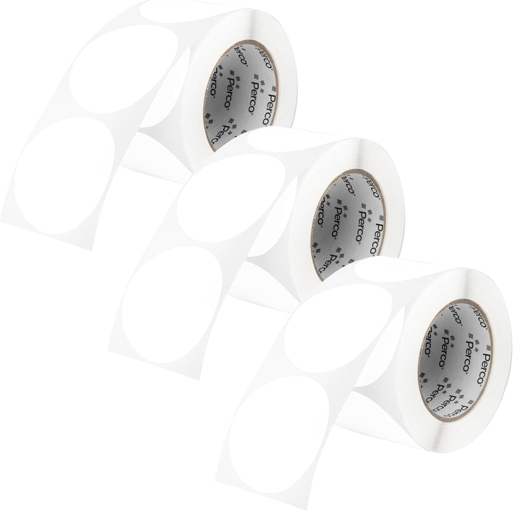 Perco White 3-Inch Round Circle Dot Sticker Labels - Multi-Roll Pack (3 Rolls, 500 Labels Each) - Permanent Adhesive, Vibrant Colors, Strong Hold - Perforated for Easy Use - Made in USA