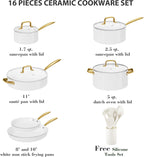 Ceramic Cookware Set, VONIKI 16 Pcs Pots and Pans Set Non Stick, Kitchen Cookware Sets with Cooking Utensils Set, Non Toxic Cookware Set White Gold Pan Set for Cooking Pot Oven & Dishwasher Safe, Gift