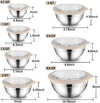 E-far Stainless Steel Mixing Bowls with Airtight Clear Lids Set of 7, Metal Nesting Bowls for Kitchen Prep, Baking, Cooking, Serving, Salad, Dishwasher Safe, Size 4.6, 3.5, 3, 2, 1.5, 1, 0.7QT, Khaki