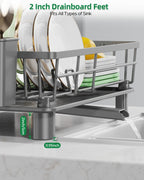 Dish Drying Rack, Stainless Steel Drainer Rack with Drainboard with Smart Drainage System, Space Saving Dish Strainer for Kitchen Counter with Cutlery Holder, Grey