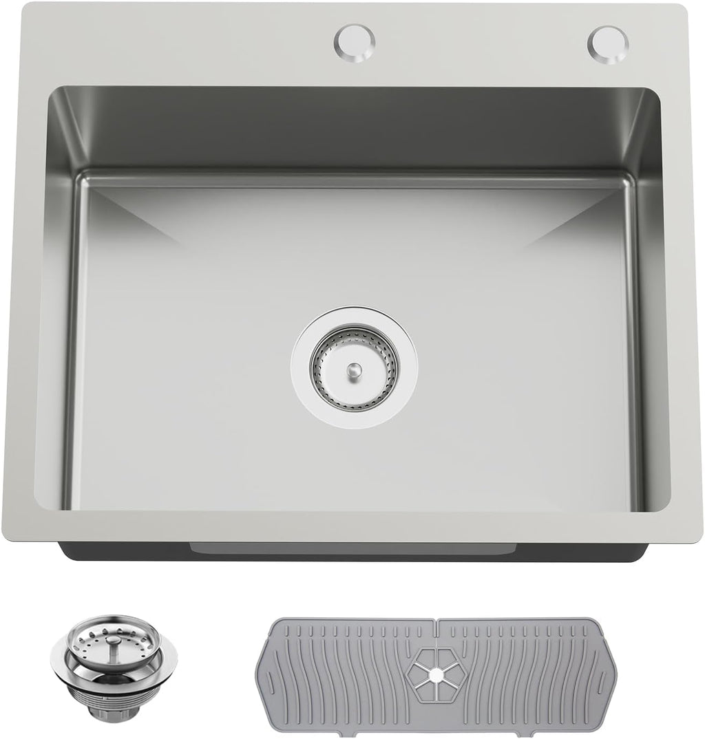 Kitchen And Bar Sink, 22x18 Inch Stainless Steel Drop In Kitchen Sink Modern Single Bowl Topmount Bar Sink Combo-Silicon Mat,Drain Strainer Set Compatibility With Various Kitchen & Bar Style