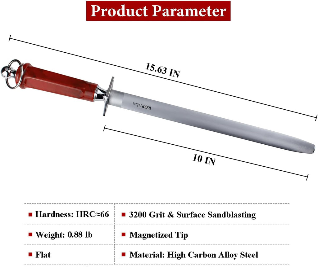 Sharpening Steel Knife Sharpener Rod Flat 10 Inches Honing Steel for Knives Red