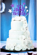 Glittery 50th Happy Birthday Cake Topper with Star,Personalised 50 Birthday Cake Toppers Party Decorations Party Supplies for Men Women Purple Silver