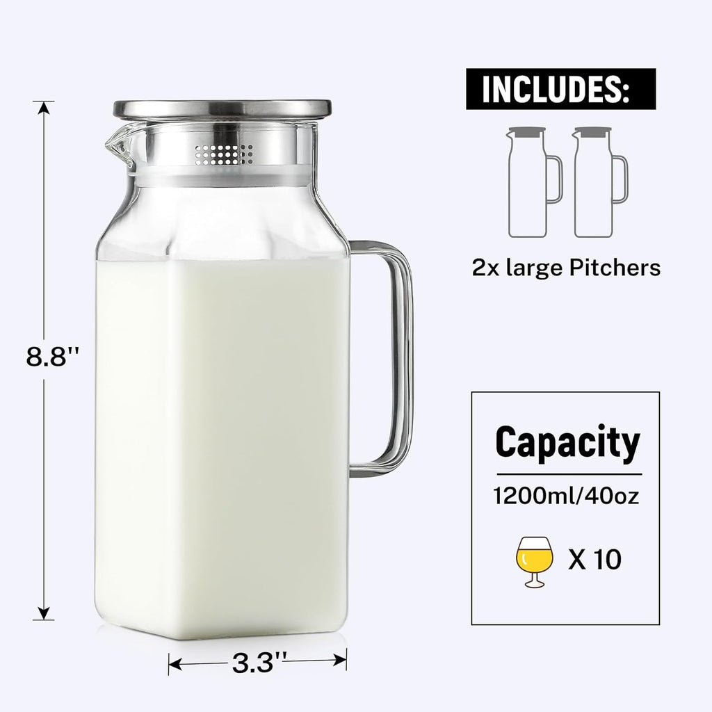 Netany 2 Pack 1.2 Liters/40 oz Small Square Glass Pitcher with Lid and Handle for Fridge, Iced Tea and Coffee Carafe Storage Container, Resistant to Hot and Cold Borosilicate Jug