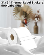 iEager White Square Thermal Label Stickers, 3" x 3" Self-Adhesive Square Direct Thermal Labels with Perforation Line, 500 Sheets/Roll