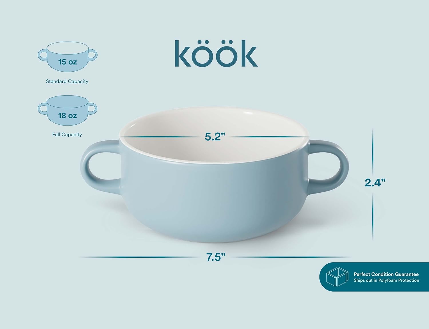 KooK Soup Crocks, Ceramic Bowls, Broil, Oven, Microwave and Dishwasher Safe, with Handles, For Casserole, Pasta, Cereal, 18 oz, Set of 4 (Pale Blue)