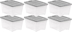 Amazon Basics Plastic Storage Containers with Secure Latching Lids, Stackable Organization Bins, 32 Quart, Set of 6, Clear/Grey