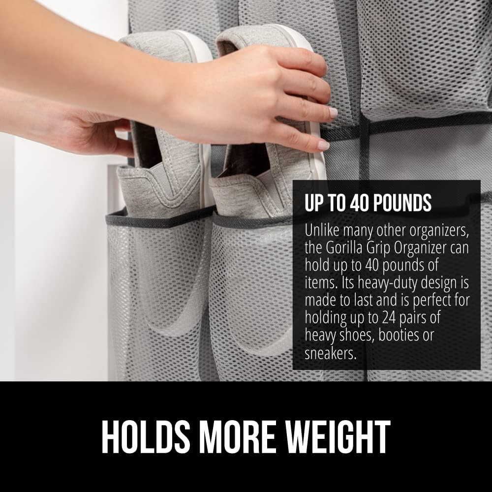GORILLA GRIP Over the Door Shoe Organizer, 24 Large Breathable Mesh Pockets, Space Saving Hanging Storage Holder, Closet Rack Hanger Holds Up to 40 lbs, Hangs on Closets for Shoes, Accessories, Gray