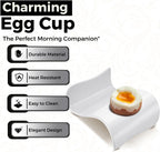 Flexzion Ceramic Egg Holder Cup - 6-Piece Hard Boiled Egg Holder & Soft Boiled Egg Holder Set, White Coddled Egg Cup, Stable & Stackable Modern Wave Style Egg Serving Dish with Base
