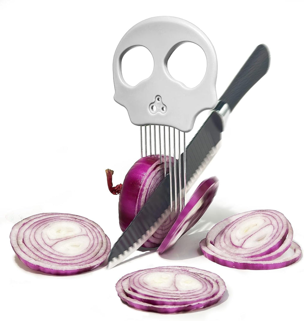 Stainless Steel Onion Cutter & Egg Slicer – Multi-Function Vegetable Cutter and Herb Stripper for Avocados, Tomatoes, and Potatoes (White)