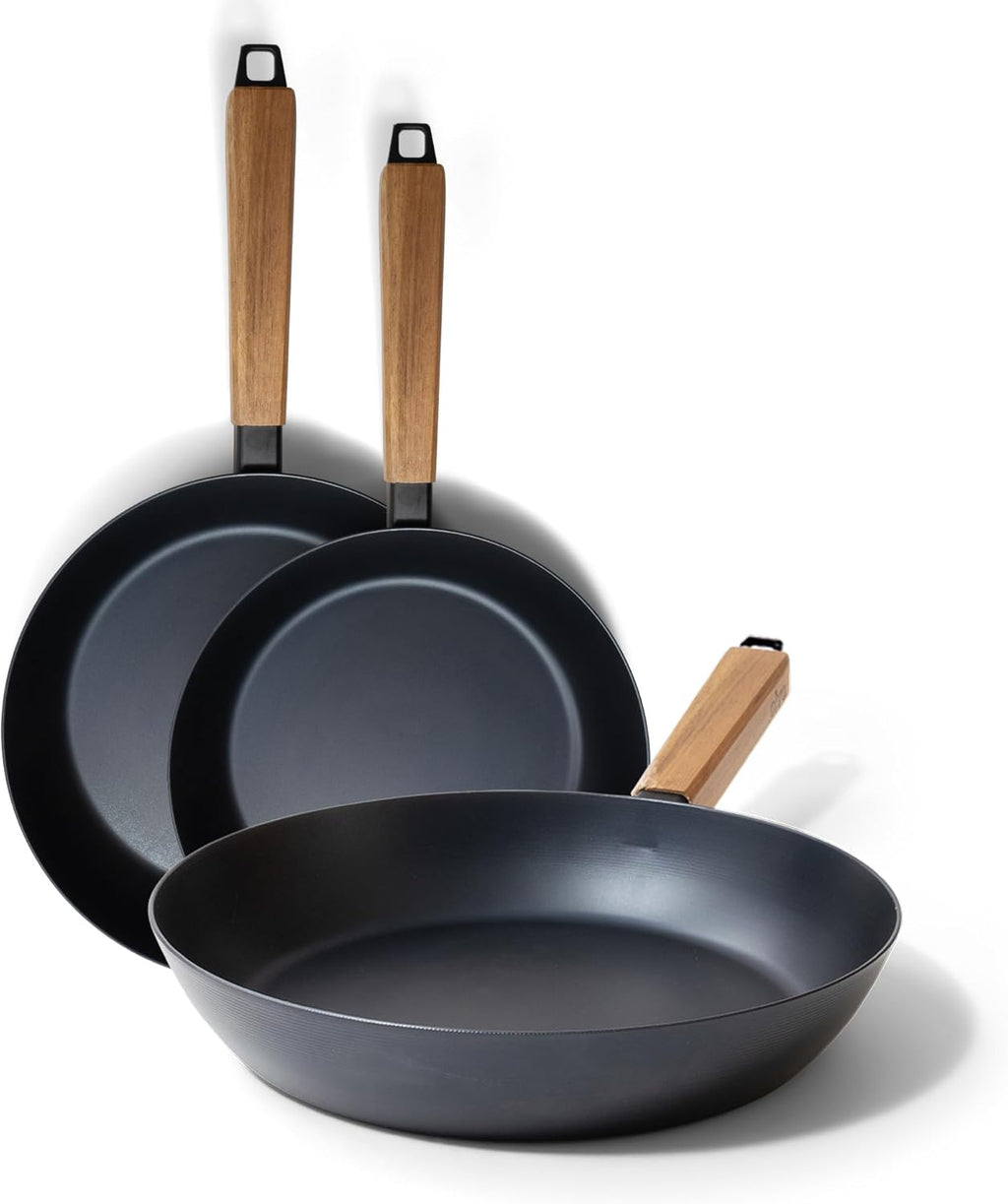 Alva Forest 3 Piece Seasoned Blue High Carbon Steel Pan Set Natural Non Stick Frying Pans Non Toxic PFAS PFOA PTFE Free Carbon Steel Frying Pans Healthy Nonstick Steak Pan Safe in All Stovetop & BBQ