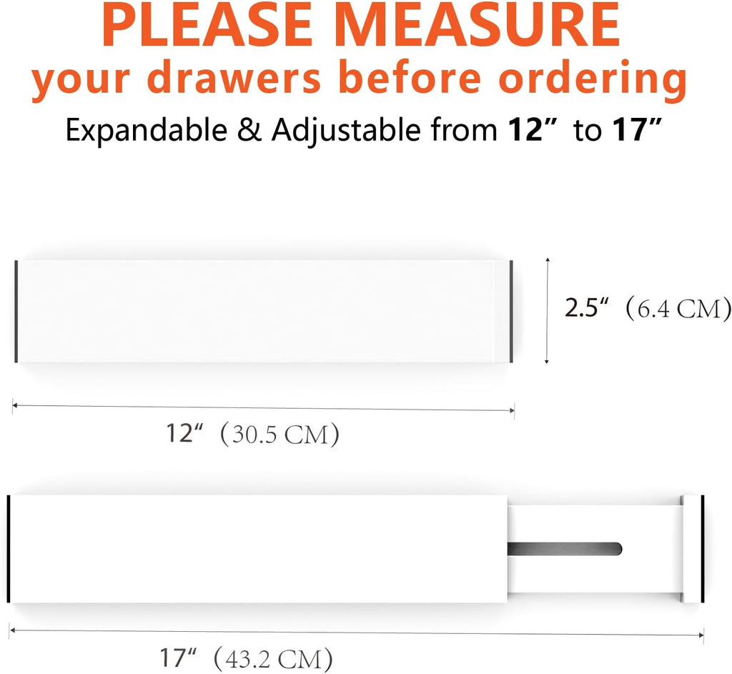 4 Pack Bamboo Drawer Dividers, Adjustable Length from 12 Inch to 17 Inch, Expandable Kitchen Drawer Organizer, Drawer Organization Separators for Clothes, Kitchen, Bedroom, Dresser, Office (White)