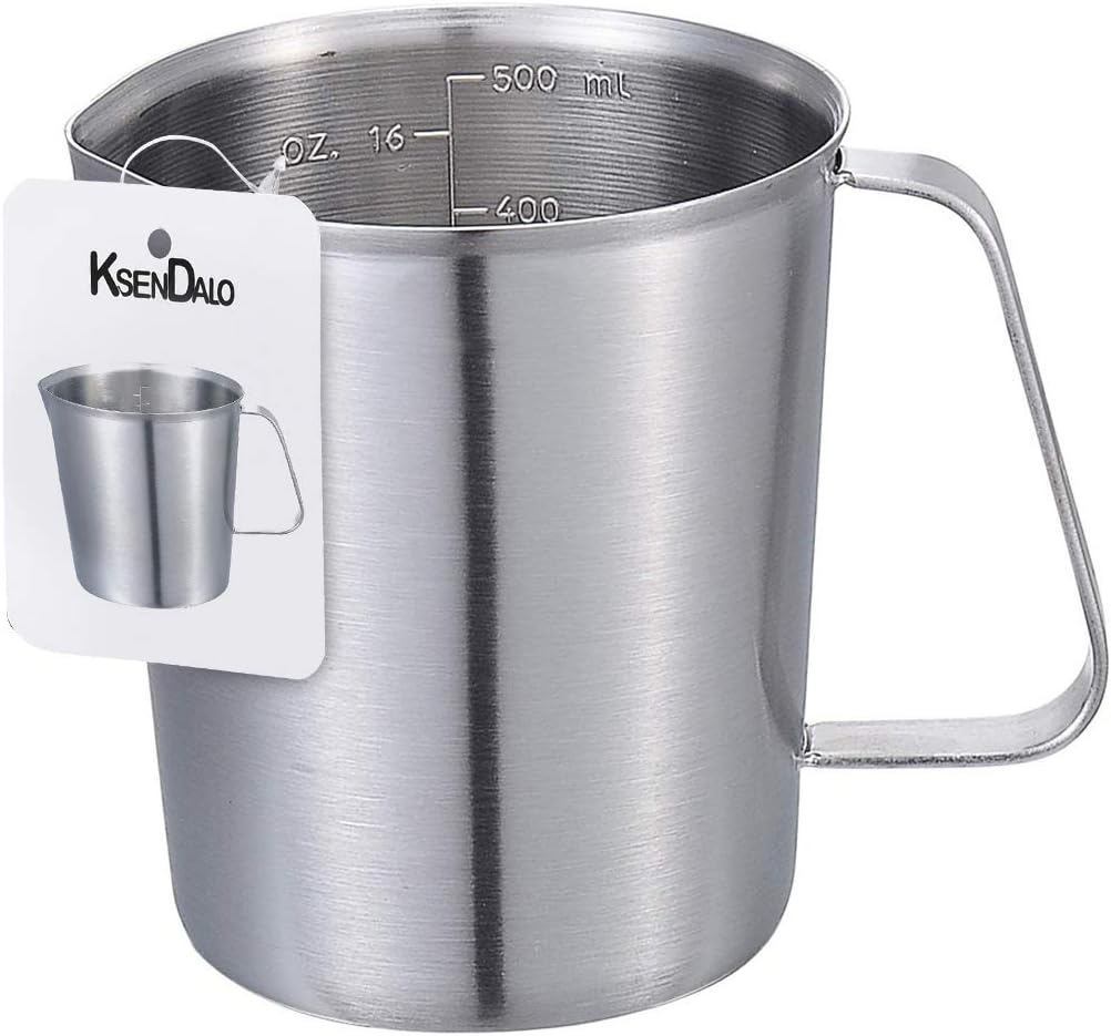 KSENDALO 16oz/2Cup SUS304 Stainless Steel Measuring Cup - Precision Engraved Markings for Liquid, Coffee, Milk & Espresso - 500mL Kitchen Mixing Pitcher, Canister & Container for Baking & Frothing