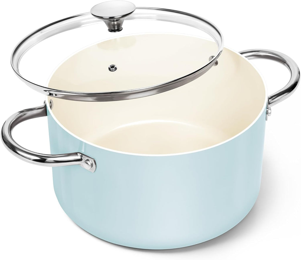 MICHELANGELO Stock Pot with Lid, 6 Quart Cooking Pot with Ceramic Coating, Nonstick Ceramic Soup Pot with Lid, Induction Compatible - 6QT Stockpot, Blue
