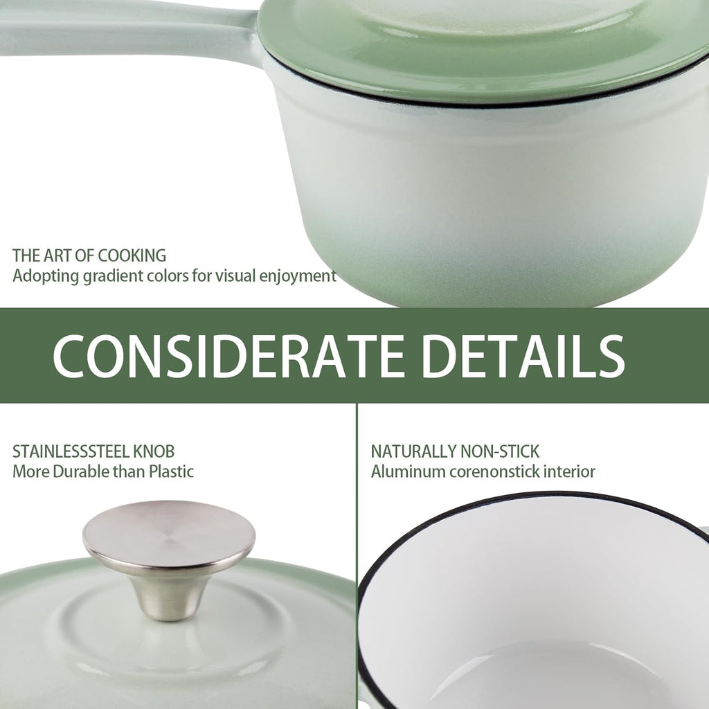 Enameled Cast Iron Sauce Pan, 1.6 Quarts Round Sauce Pot with Lid, Min Dutch Oven Enamel Saucepan for Cooking Pasta Sauce, Gravy, Puddings & Boiling, Gradient Green