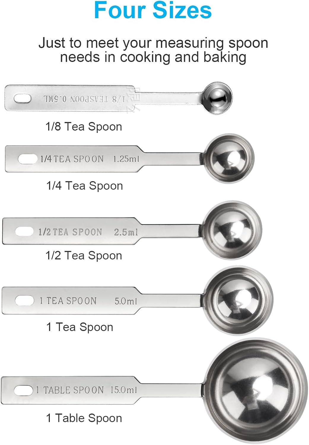 5PCS OstWony Measuring Spoons Set, Includes 1/8 tsp, 1/4 tsp, 1/2 tsp, 1 tsp, 1 tbsp, Food Grade Stainless Steel measuring cups, Tablespoon and Teaspoon for Measure