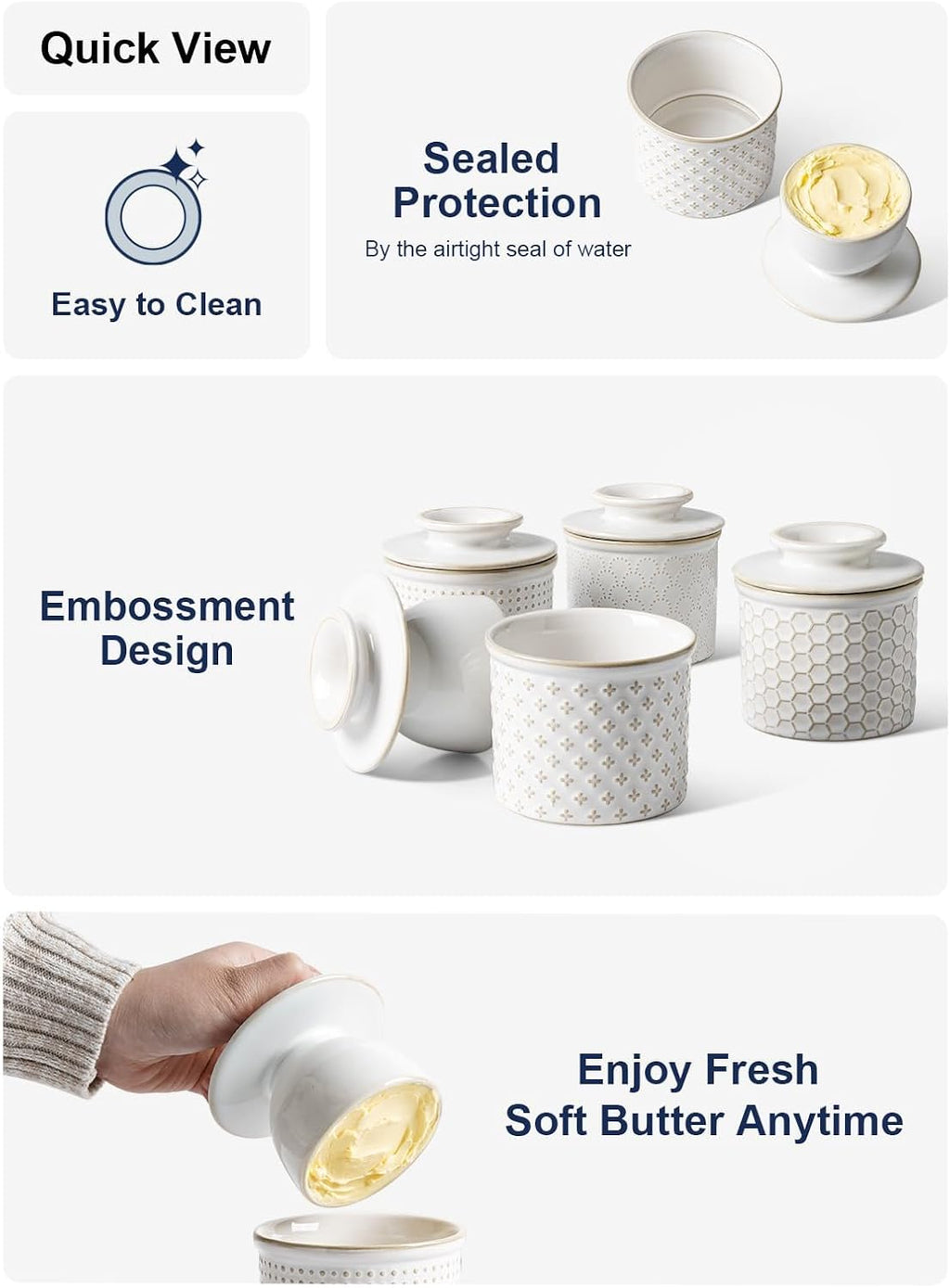 LE TAUCI Butter Crock, Butter Dish with Lid, Butter Container for Counter with Water Line, Embossed French Butter Keeper for Spreadable Butter, Suit For Housewarming - Set of 1, Arctic White,Fireworks