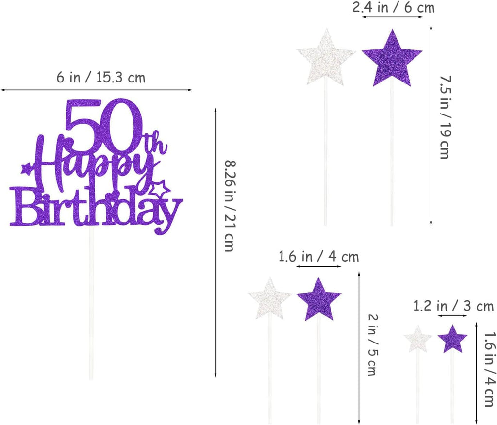 Glittery 50th Happy Birthday Cake Topper with Star,Personalised 50 Birthday Cake Toppers Party Decorations Party Supplies for Men Women Purple Silver