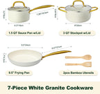 Pots and Pans Set Non Stick, 7 Piece White Granite Induction Cookware Set, Nonstick Kitchen Cooking Set with Gold Handle and Utensil, Oven Safe (PFOS, PFOA Free)