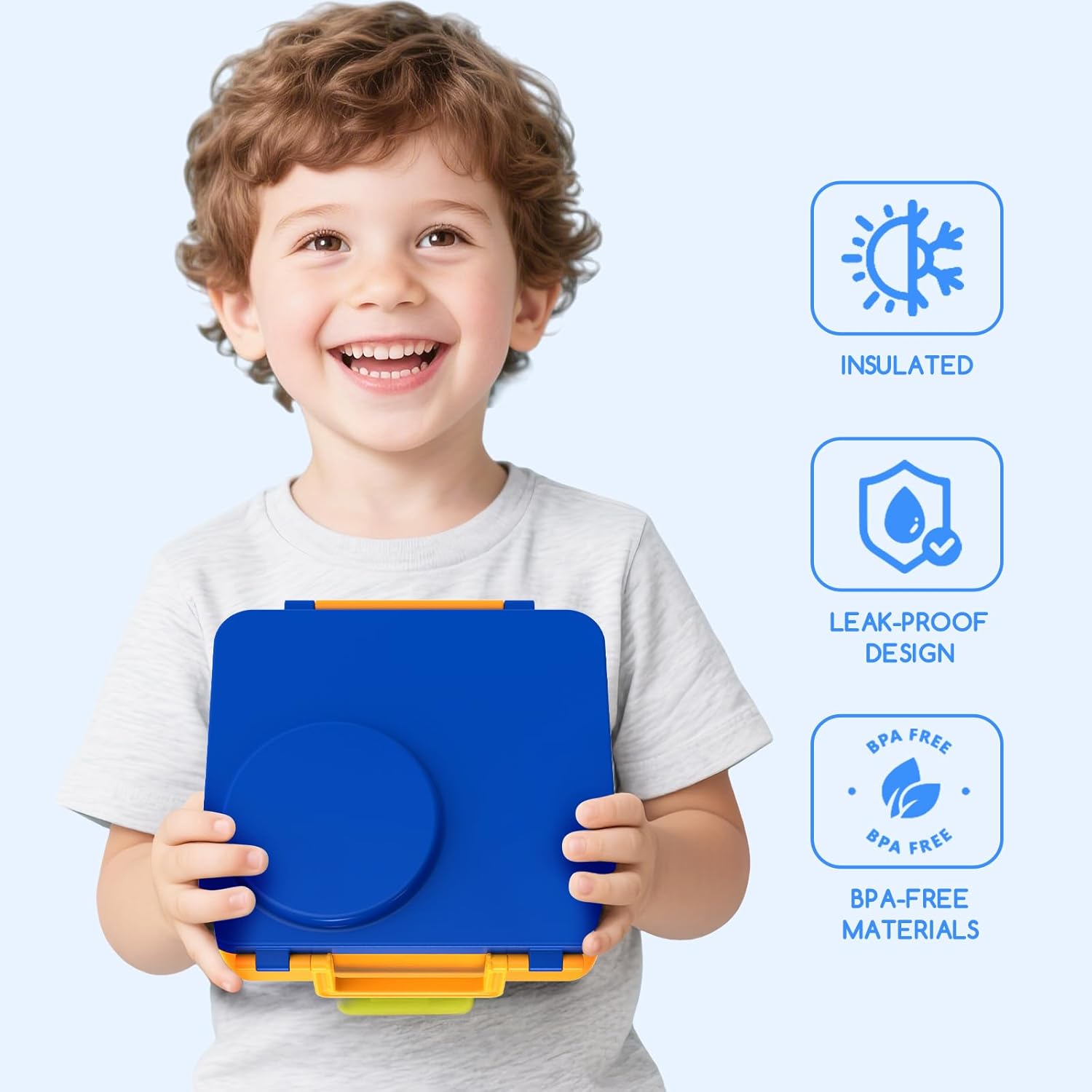 Bento Box for Kids - Leak-Proof Lunch Box with Insulated Thermos Food Jar - 4 Compartments, 1 Removable Divider, 1Spoon, 1 Fork - Dishwasher Safe, BPA-Free (Blue)