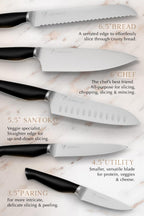 Lordelle Knife Block Set - 5 Piece Set - Black Vintage Ink - Lifestyle Home Kitchen Design - German X50 Stainless Steel - ABS Handle - Ash Wood Block - Cooking Chef Knife, Santoku, Paring, Utility