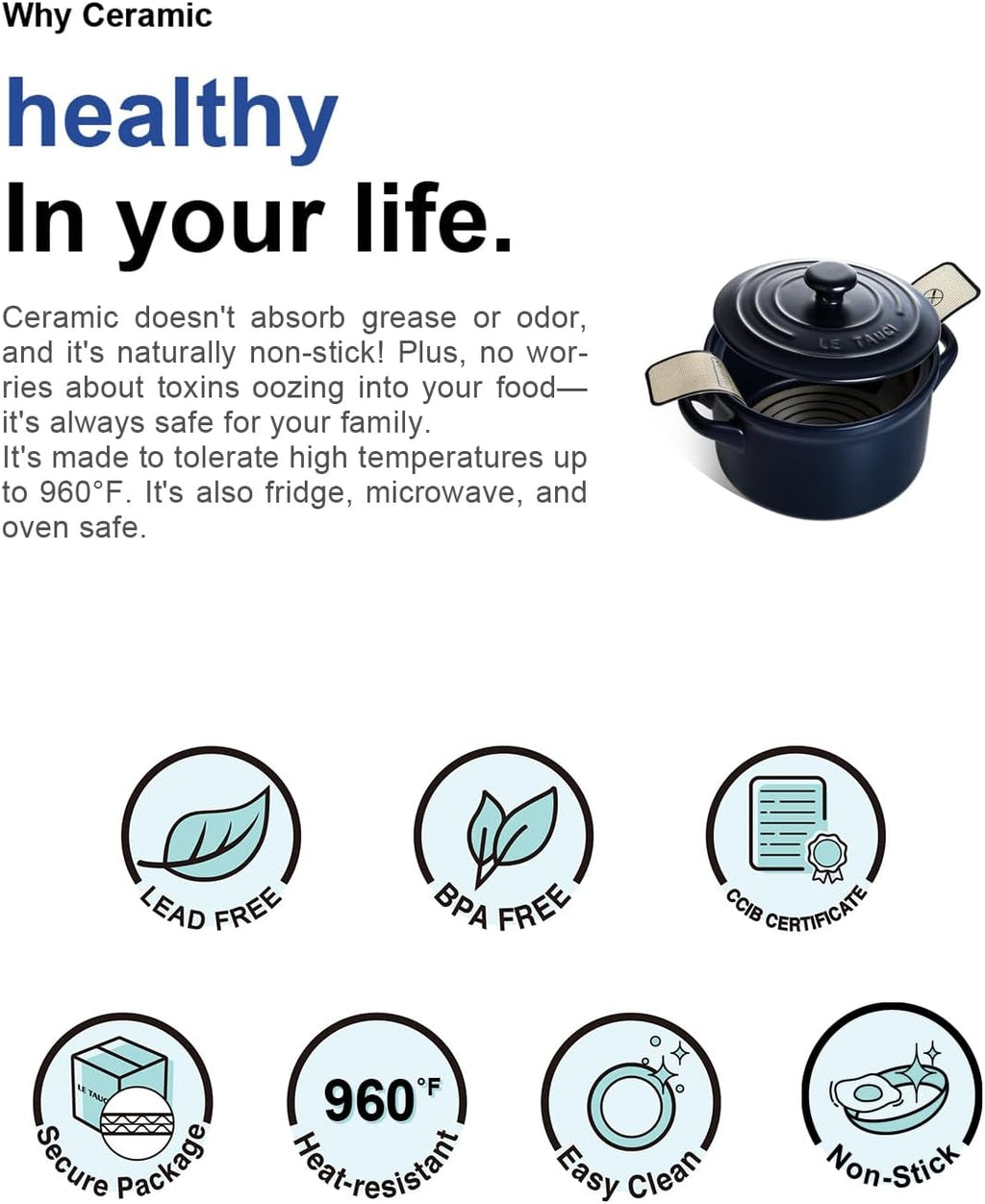 LE TAUCI 3 qt Ceramic Dutch Oven for Bread Baking with Silicone Sling- Lightweight, Non-Toxic, No Seasoning Needed- Oven, Microwave & Dishwasher Safe, Ideal for Home Bakers & Beginners, Midnight Blue