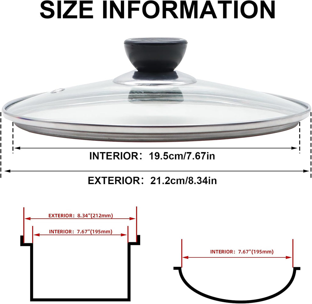 Glass Lid for Frying Pan 8 Inch Tempered Glass Pot Lid Cover with Stainless Steel Rim for 8 Inch Frying Pan Wok Pot Skillet