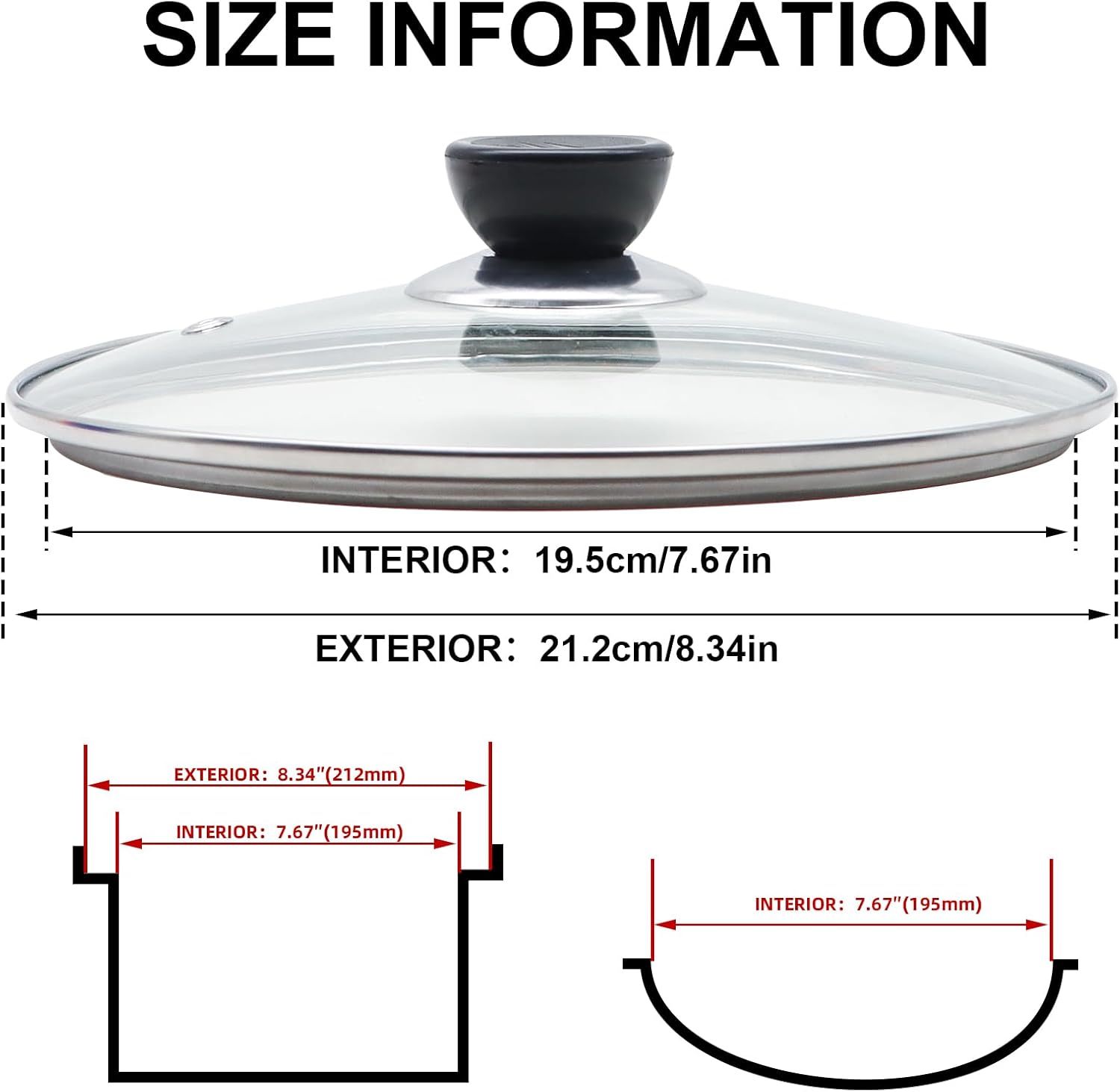 Glass Lid for Frying Pan 8 Inch Tempered Glass Pot Lid Cover with Stainless Steel Rim for 8 Inch Frying Pan Wok Pot Skillet