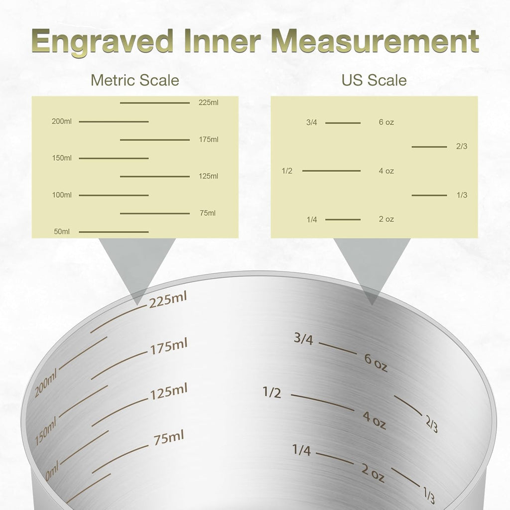 2PCS Stainless Steel Measuring Cup Set, Includes 2Cup(480ml, 16oz) and 1Cup (240ml, 8oz), Etched Inner Scale Measure Scoop, Metric and US Measurement, Dishwasher Safe