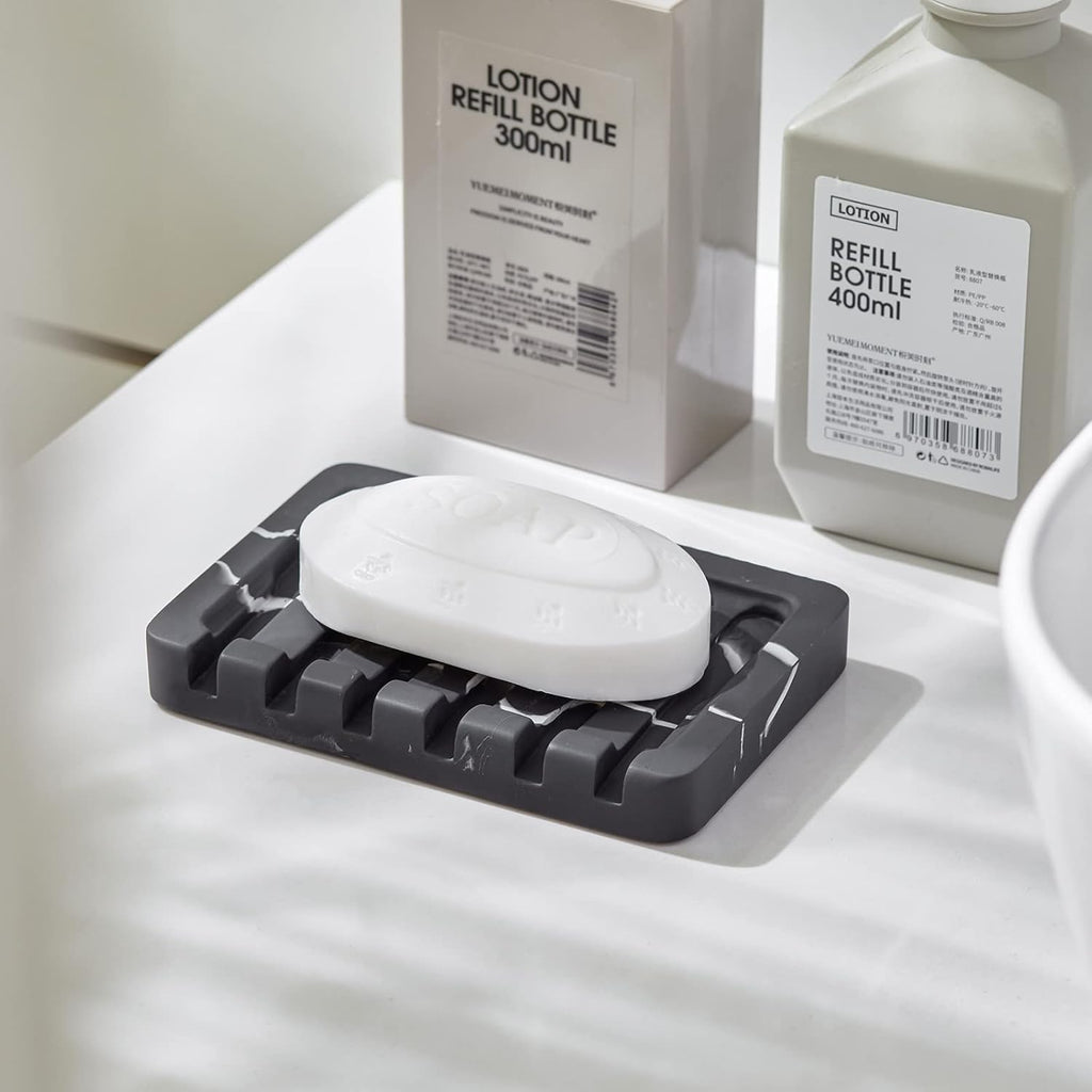 2PCS Self Draining Soap Dish - Marble Look Soap Holder Tray Savers Box Container Sponge Holder for Bathroom Shower Kitchen, Black