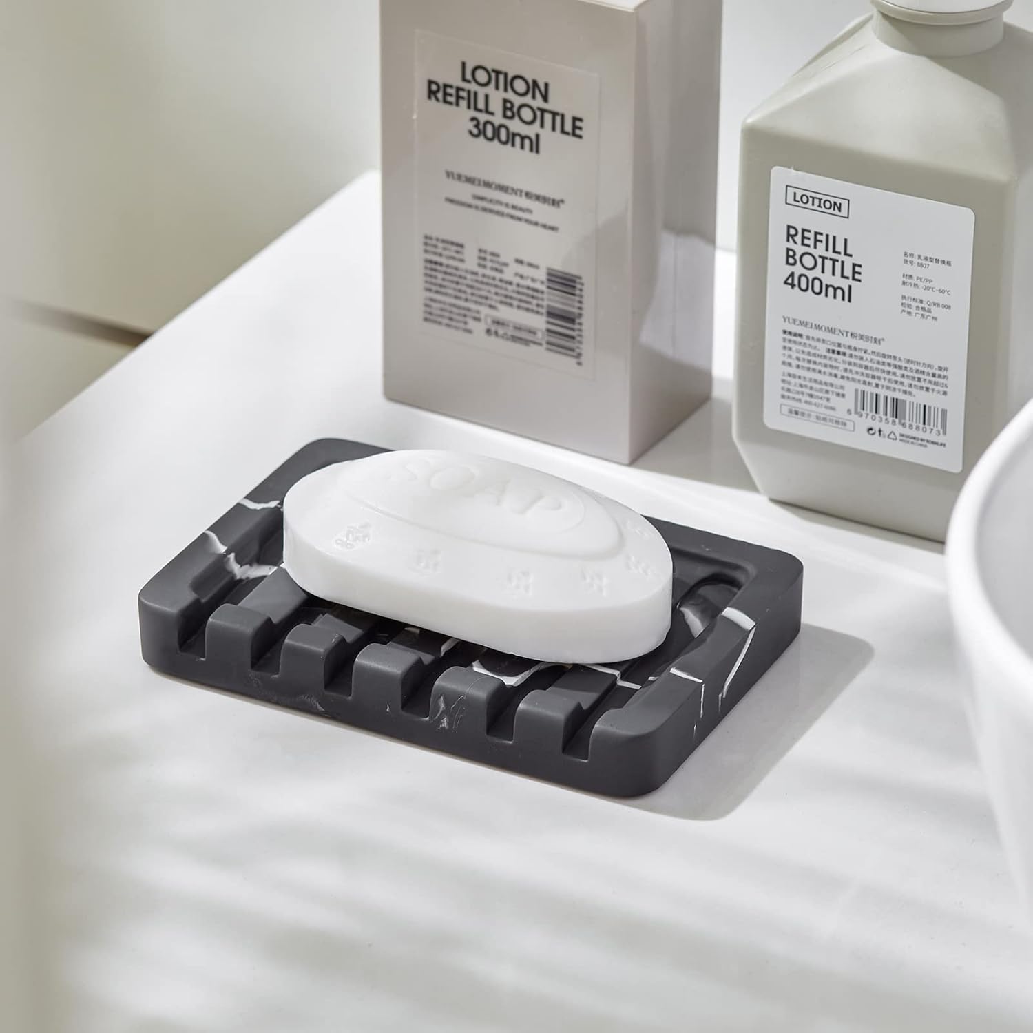 2PCS Self Draining Soap Dish - Marble Look Soap Holder Tray Savers Box Container Sponge Holder for Bathroom Shower Kitchen, Black