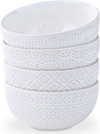 40 OZ Large Cereal Bowls Set of 4, Farmhouse Embossment Ceramic Salad Bowls for Soup, Serving, Fruit, Snack, Noodle, Ramen, Pho, Microwave & Dishwasher Safe, 6.7 Inch White