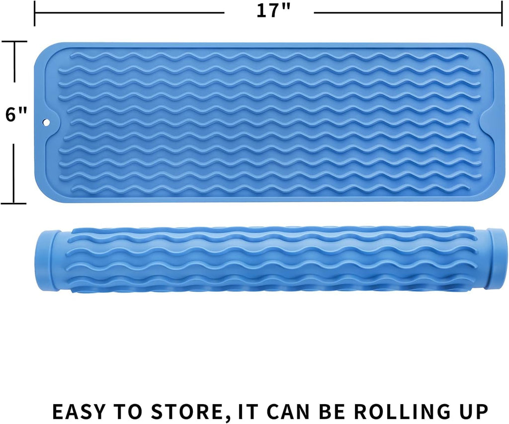 Silicone Dish Drying Mat for Multiple Usage,Easy clean,Eco-friendly,Heat-resistant Silicone Mat for Kitchen Counter,Sink,Bar,Bottle,or Cup Lichen Blue M 17 inches x 6 inches