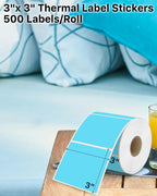 iEager Blue Square Thermal Label Stickers, 3" x 3" Self-Adhesive Square Direct Thermal Labels with Perforation Line, 500 Sheets/Roll