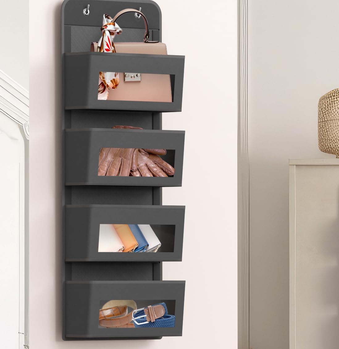 Simple Houseware 4 Clear Window Pocket Over Closet Door Storage Hanging Organizer for Bedroom, Bathroom, Pantry, Dark Grey