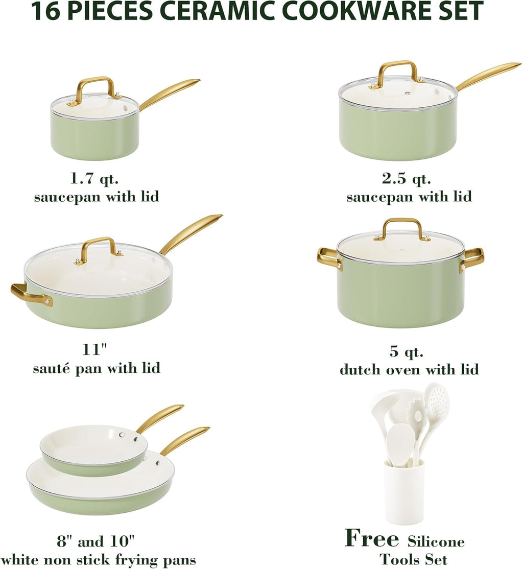 Pots and Pans Set Non Stick - VONIKI Ceramic Cookware Set with Cooking Utensils Set, Non Toxic Kitchen Cookware Sets Dutch Oven Pot with Lid Saucepan Set Sauté Pan Frying Pan Set for Cooking Gifts