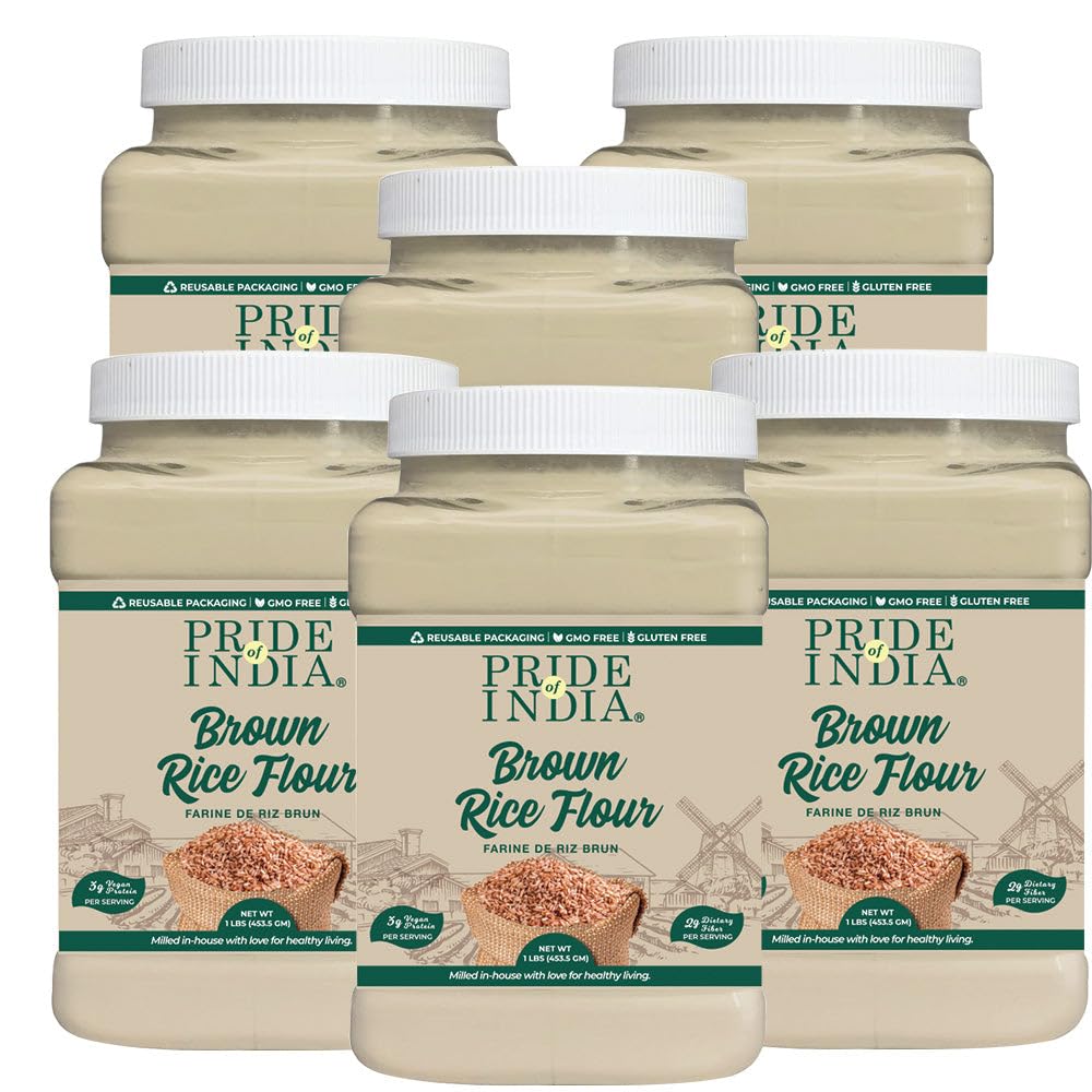 Pride of India - PACK of 6 - Brown Rice Flour 1 lbs (454 gm) Slightly Nutty Earthy Taste Milled in Small Batches- Used for Cooking Baking Coating Thickening Cakes Soups Noodles Dumplings Pastries