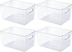 JollyPack 4 Pack Clear Plastic Storage Bins, Pantry Organizers and Storage with Handles, Clear Storage Containers for Fridge, Kitchen, Cabinet, Bathroom and Office