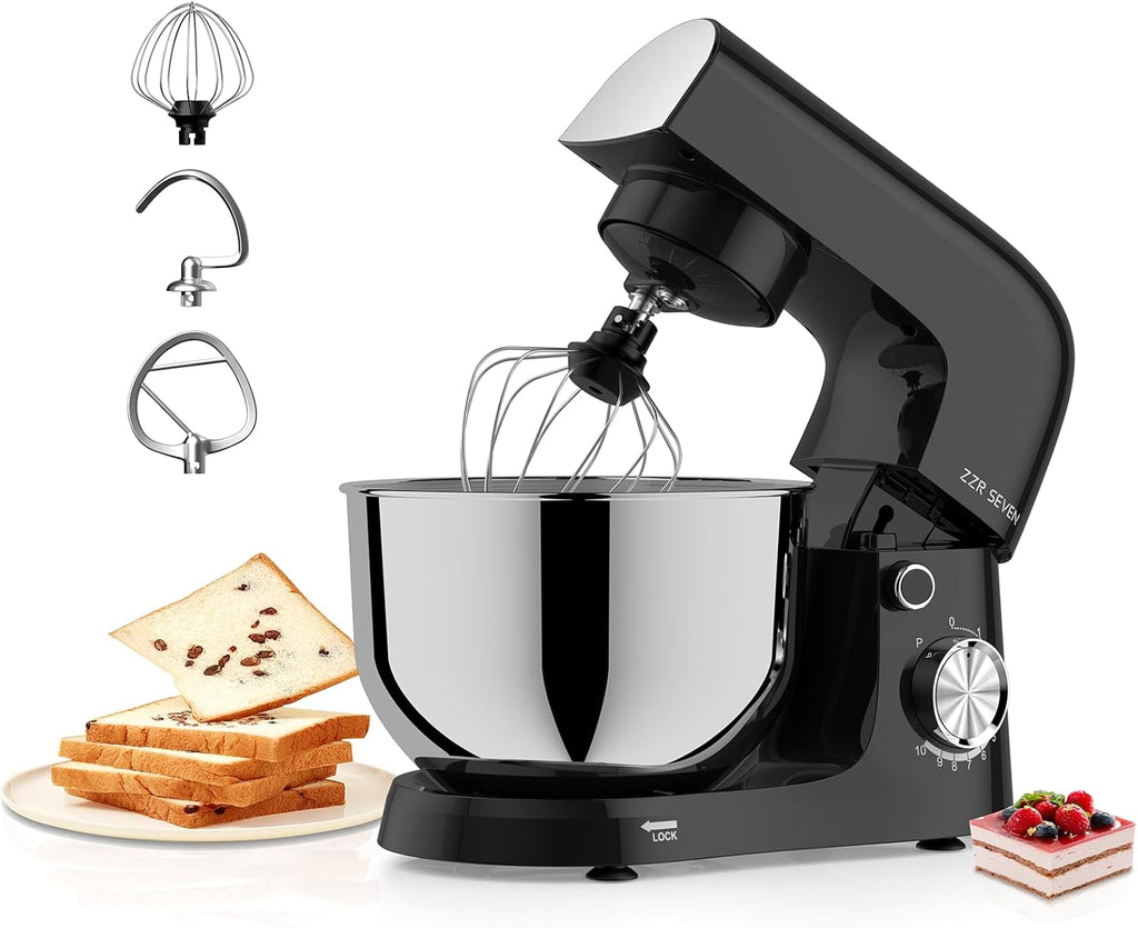 Stand Mixer, 5.5 Quart, 10 Speed Tilt-Head Food Mixer, Kitchen Electric Mixer with SS Bowl, Copper Motor, Beater, Dough Hook, SS Egg Whisk (300W Black)