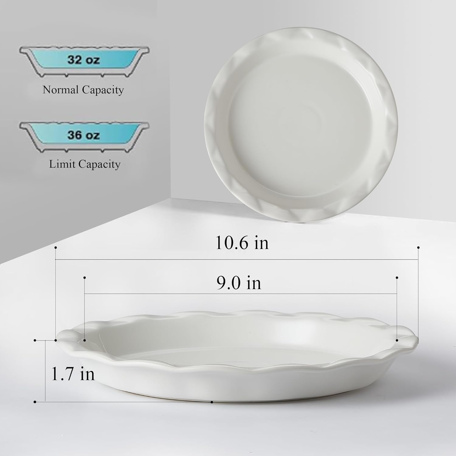 Lareina Ceramic Pie Pans for Baking, 9 Inches Pie Plate for Apple Pie, 36 Ounce Round Baking Dish, Set of 2, Thanksgiving day Gifts for Women, White