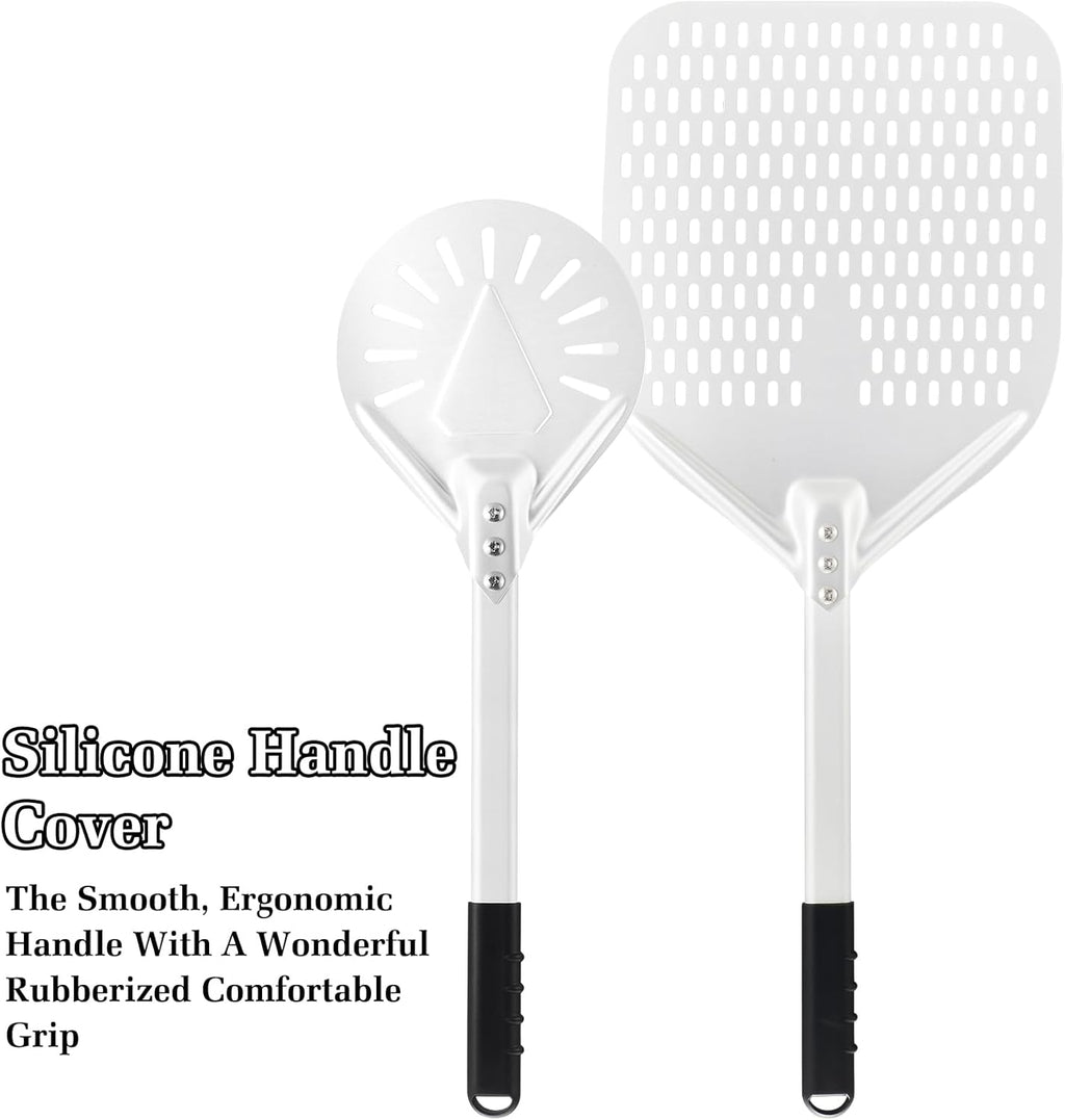 14 Inch + 7 Inch Perforated Pizza Peel Set, Pizza Turning Peel with Metal Handle, Pizza Spatula Paddle for Homemade Pizza Oven Accessories