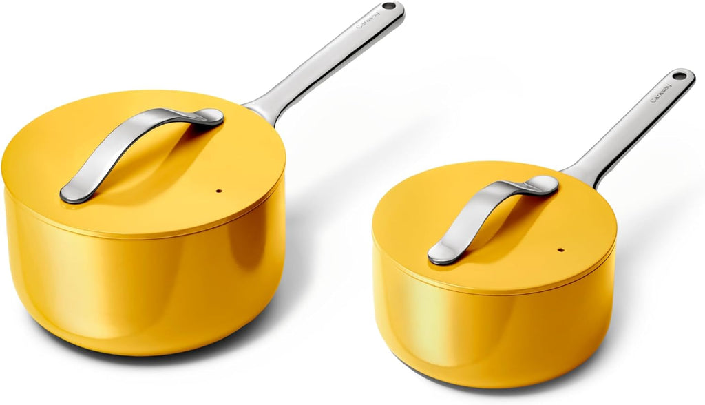 Caraway Nonstick Ceramic Sauce Pans with Lids (3 qt & 1.75 qt) - Non Toxic, PTFE & PFOA Free - Oven Safe & Compatible with All Stovetops (Gas, Electric & Induction) - Marigold