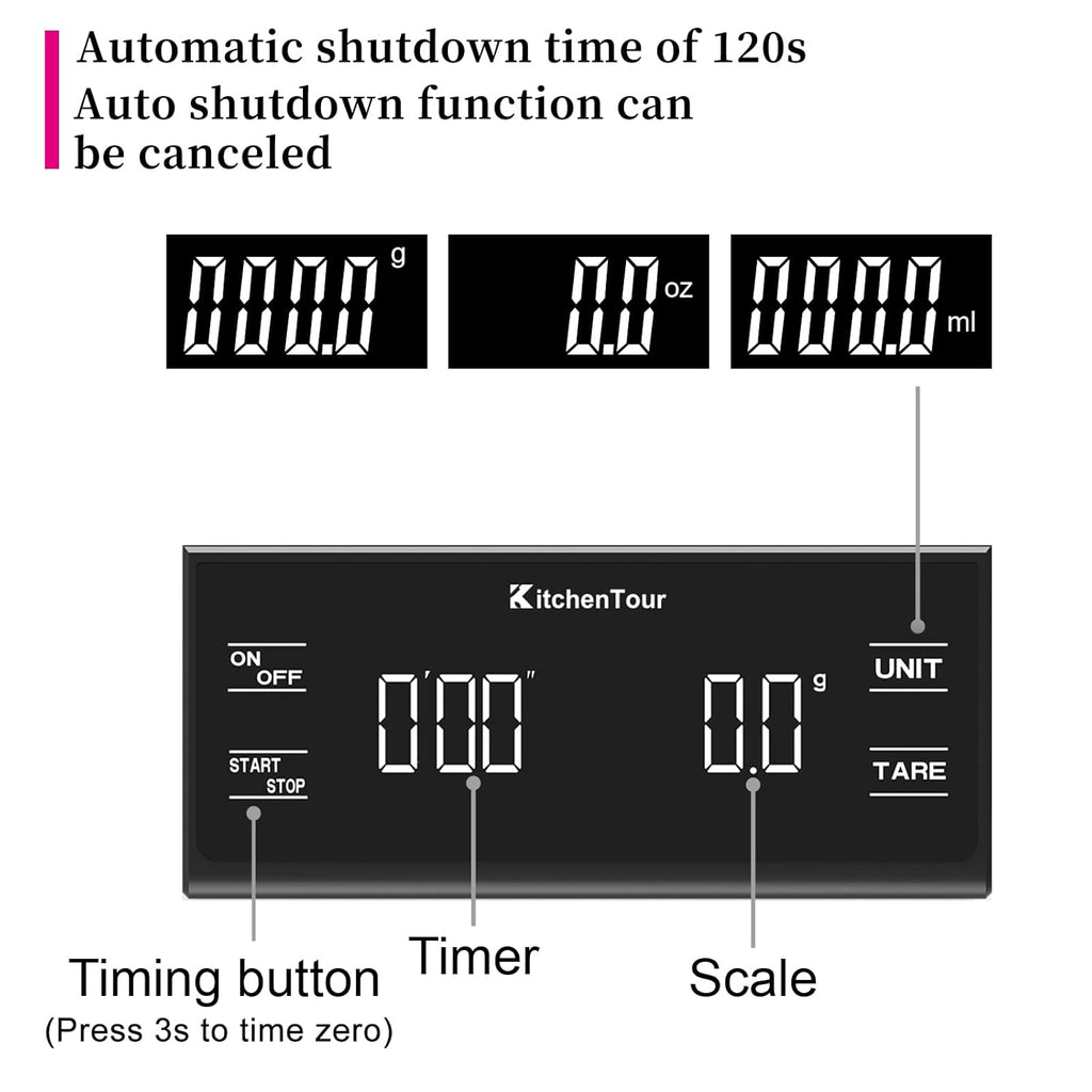 KitchenTour Coffee Scale with Timer - Digital Multifunction Weighing Scale with 3kg/0.1g High Precision - Pour Over Drip - Espresso Scale with Bright LCD Display (Batteries Included)-Black