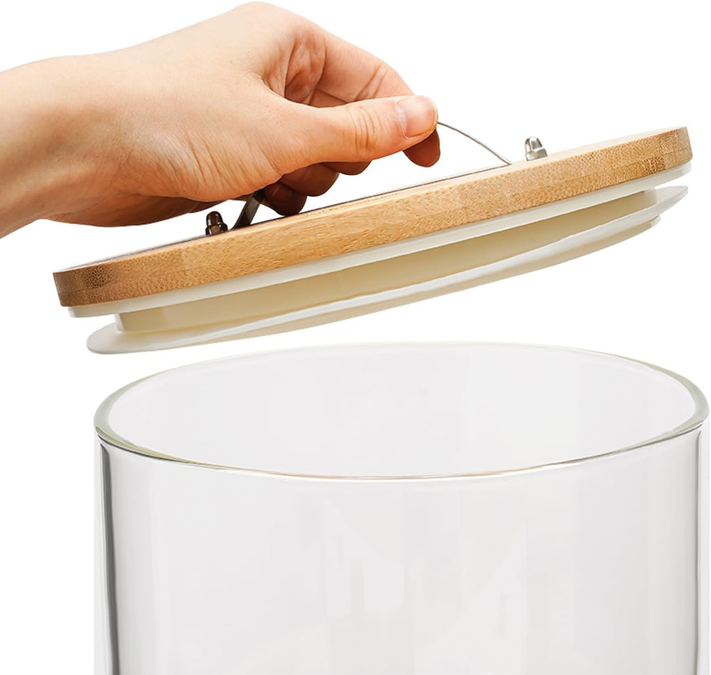 CNCEST Flour and Cereal Container, Glass Rice Dispenser, Countertop Cereal Dispenser with Measuring Cup, Airtight Lid & Wooden Stand for Storing Rice, Flour, Nuts, Coffee Beans (7.5L/1.98Gal)