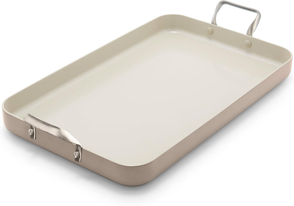 GreenPan 18" x 11" Double Burner Griddle Pan, Hard Anodized Healthy Ceramic Nonstick PFAS-Free, Stainless Steel Handles, Stovetop Cooking, Dishwasher Safe, Oven & Broiler Safe Cookware, Taupe