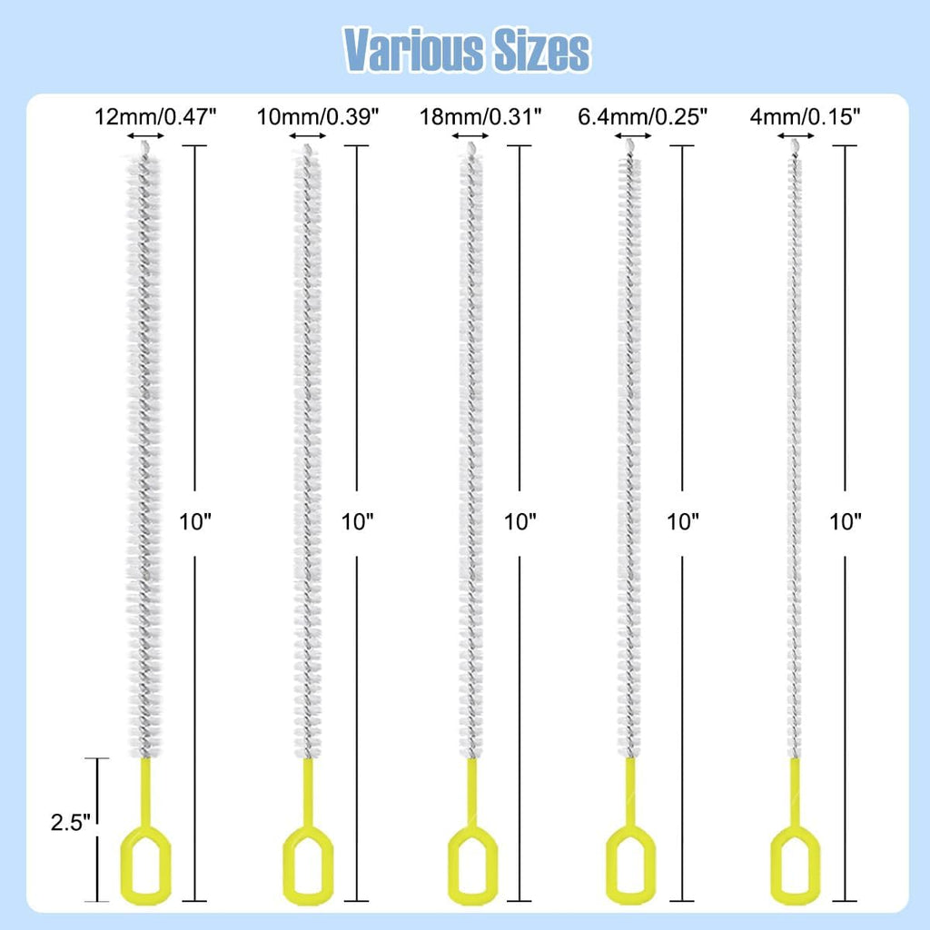 Straw Cleaner Brush Set – 10 Inch, 5 Sizes (4–12mm) Nylon Bristles – Heavy-Duty, Non-Scratch, Easy-Grip Handle – for Reusable Straws, Baby Bottles, Sippy Cups & Pipes