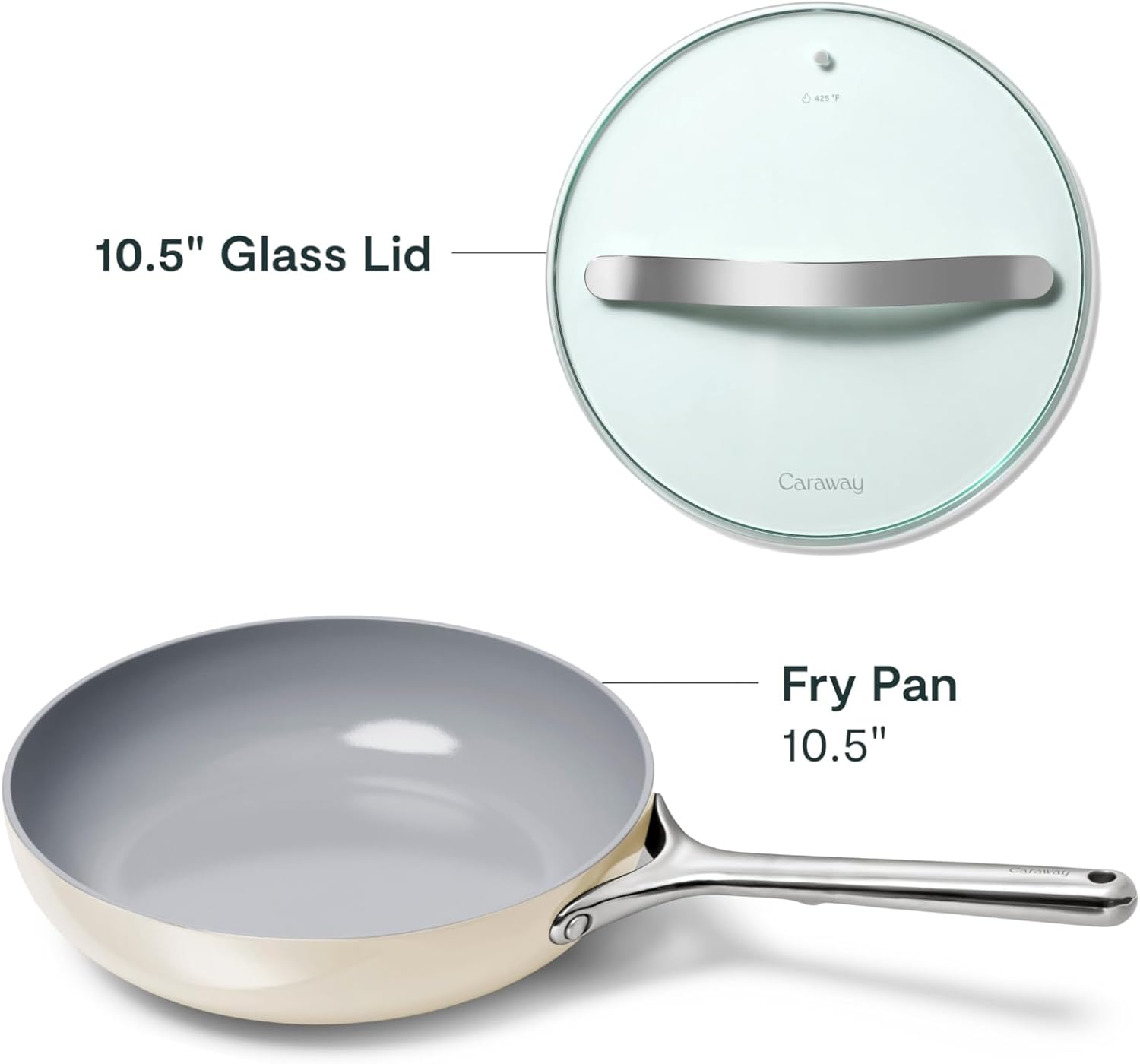 Caraway Nonstick Ceramic Frying Pan With Glass Lid (2.7 qt, 10.5") - Non Toxic, PTFE & PFOA Free - Oven Safe & Compatible with All Stovetops (Gas, Electric & Induction) - Cream