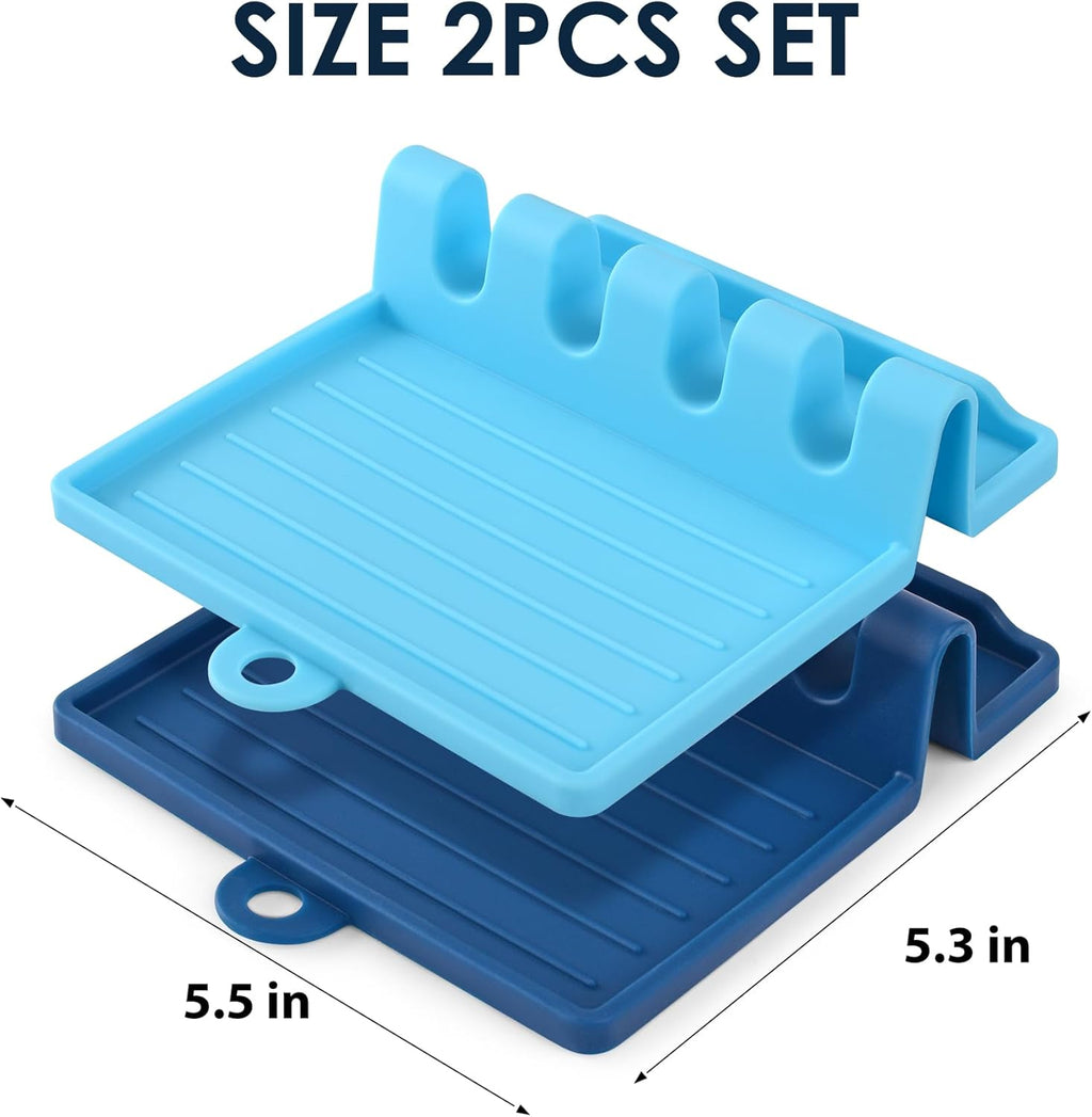 2-PACK 600°F Heat Resistant Silicone Spoon Rest, Multiple Utensil Rest, BPA Free Easy to Clean Dishwasher Safe, Blue (Deep+Light)